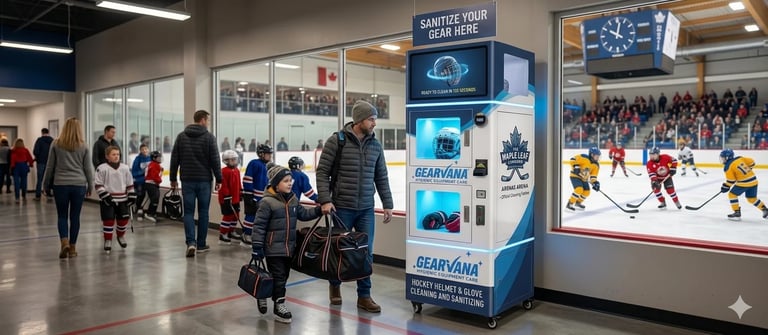 Ice hockey arena interior with hand sanitizing station, spectators, and players visible on the rink in the background
