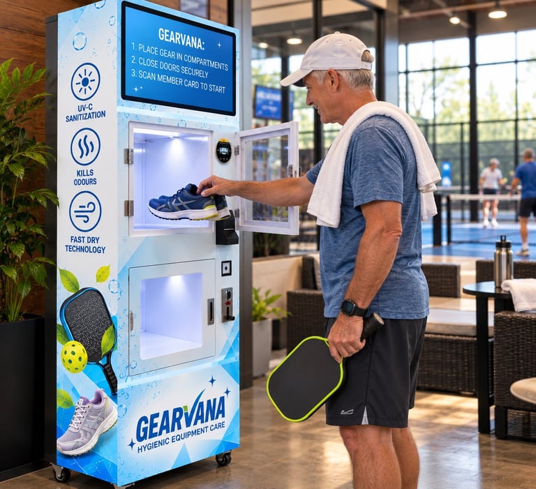Man using a Gearvana shoe cleaning vending machine in a modern indoor facility