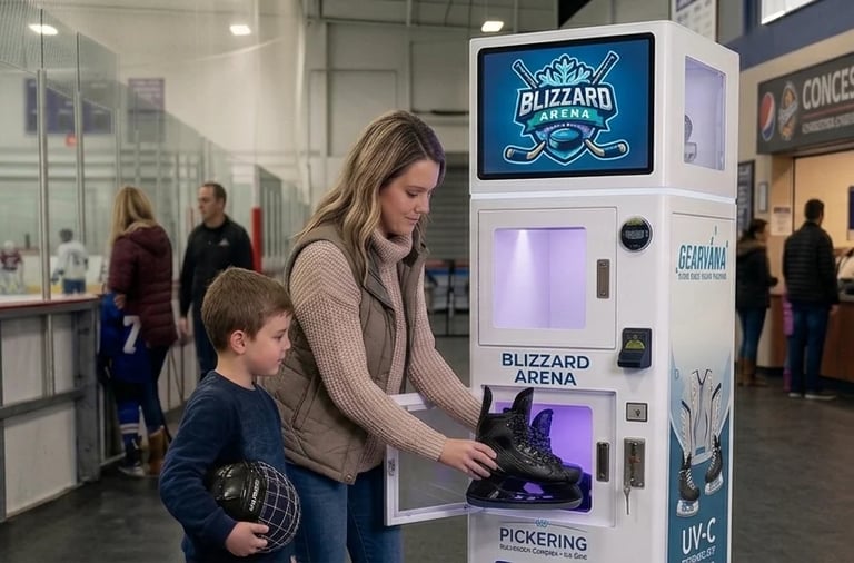 Woman and young boy using a Blizzard Arena vending machine at an indoor venue with other visitors in the background