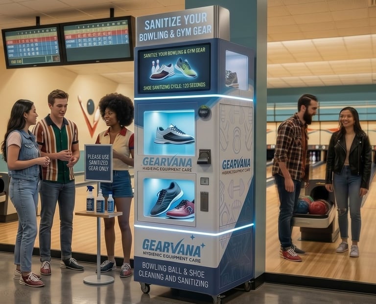 Gearvana automated kiosk for bowling ball and shoe cleaning at bowling alley with customers nearby
