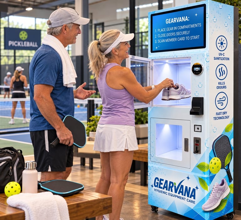 Man and woman at a Gearvana shoe sanitizing kiosk at an indoor pickleball court facility