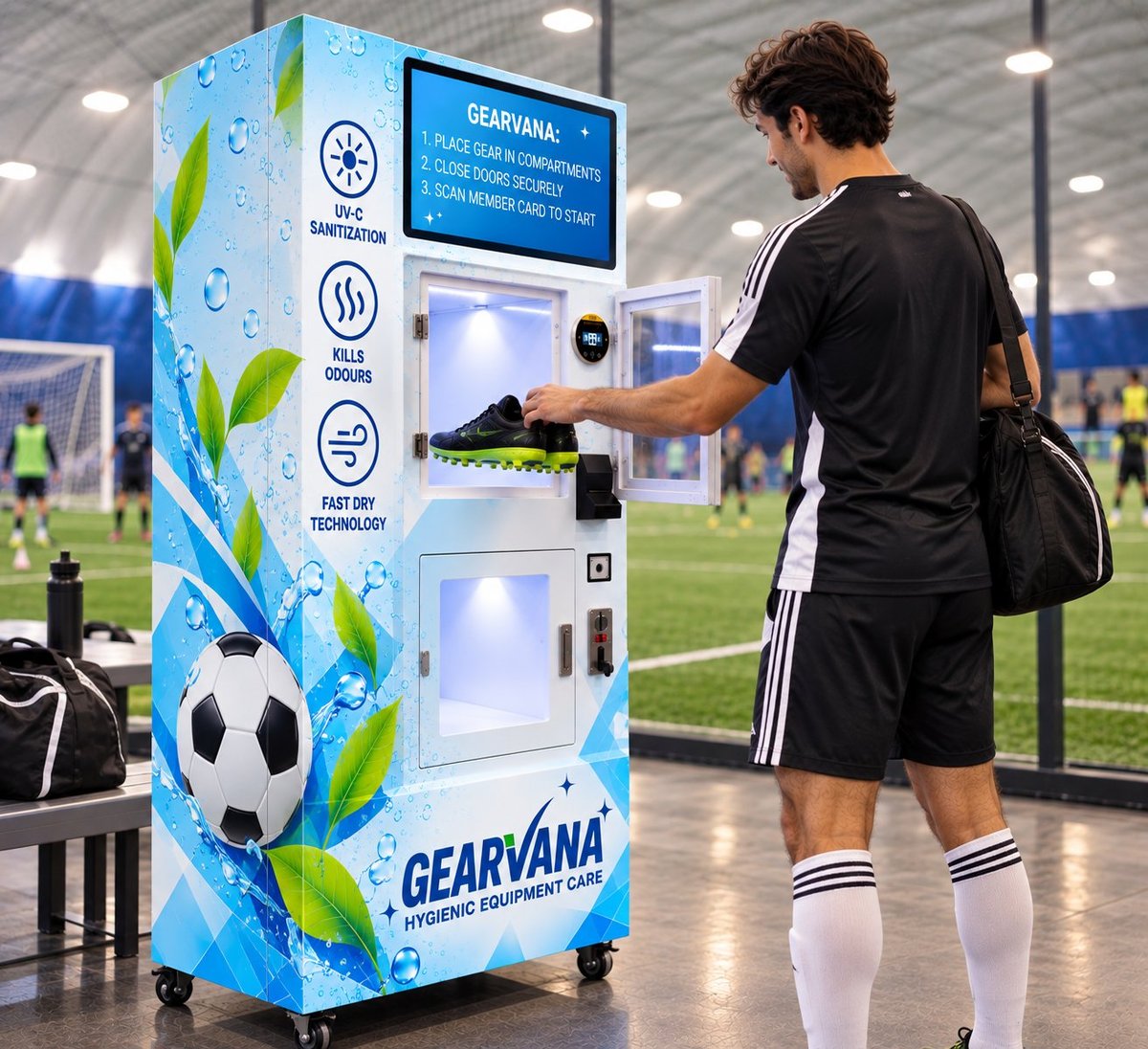 Soccer player in black uniform using a Gearvana vending machine at an indoor sports facility