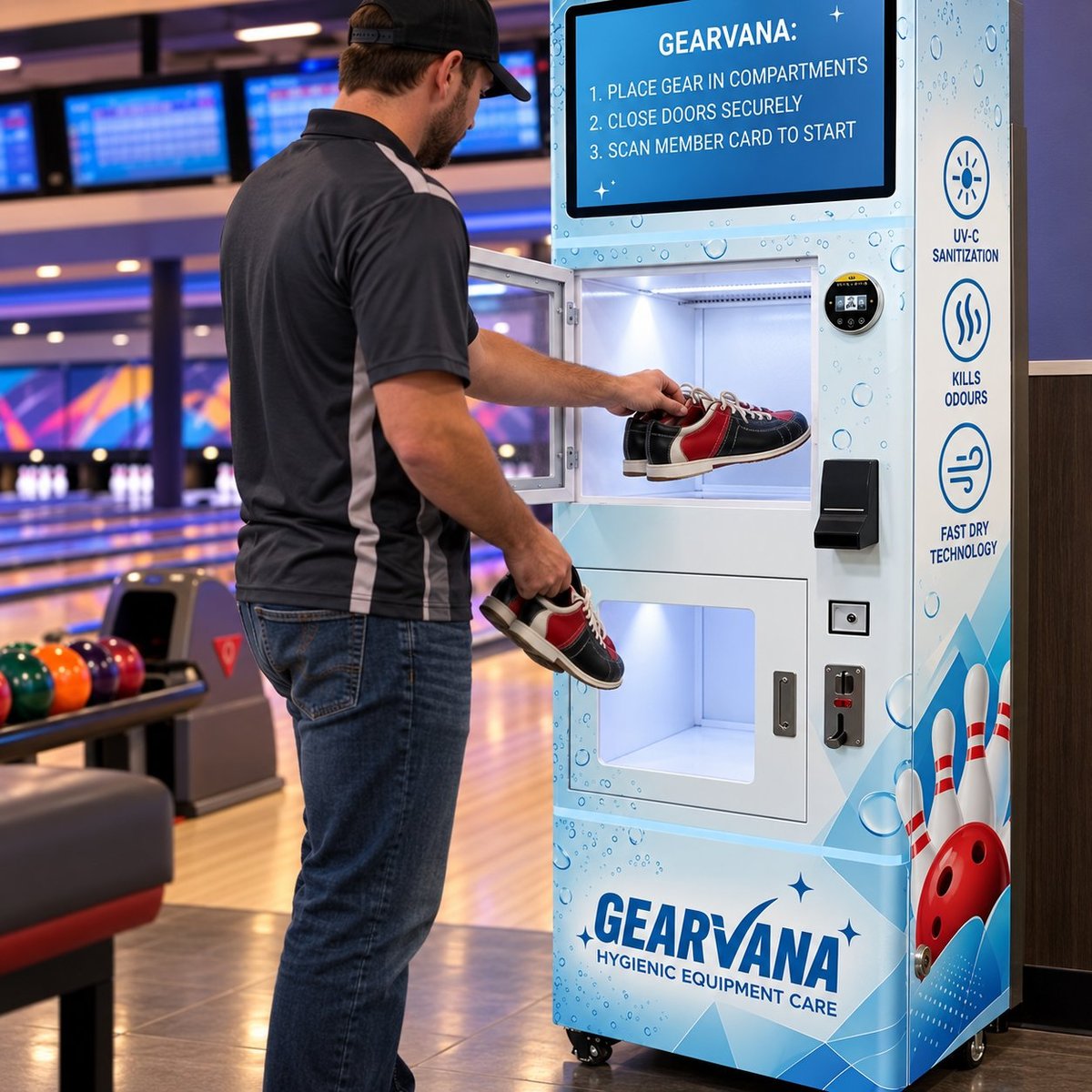 Man inserting bowling shoes into a Gearvana hygiene equipment vending machine at a bowling alley