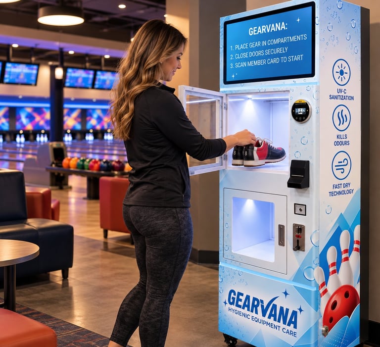 Woman using a Gearvana bowling shoe sanitizing vending machine at a bowling alley with lanes visible in the background