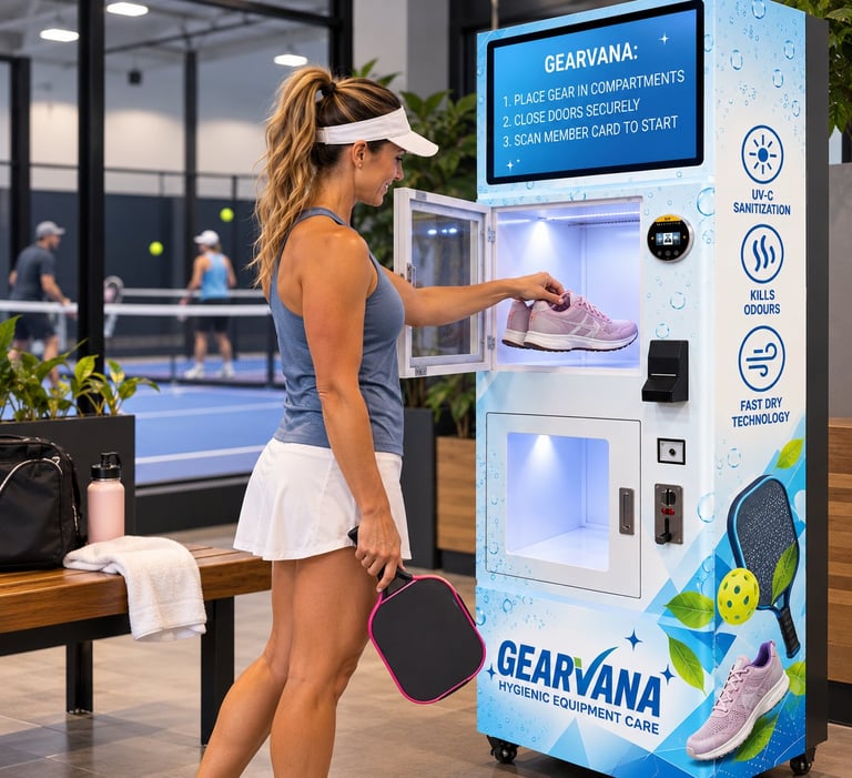 Woman in tennis attire using a Gearvana vending machine for athletic shoe and equipment care at a sports facility