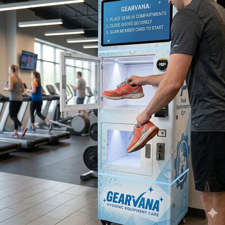 Man using Gearvana shoe cleaning vending machine at gym with instructions displayed on blue screen
